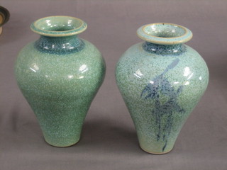 A pair of Celadon ground Art Pottery vases of tapering form 8" (1f)