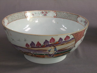 A 19th Century Oriental circular porcelain punch bowl, the body decorated rural scenes 12" (cracked)