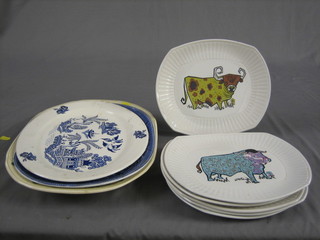 6 English Ironstone Beefeater pattern plates 11", an Adams Titanware pottery meat plate, a John Tams Willow pattern pottery meat plate and a Poole Pottery Willow pattern meat plate