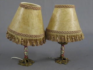 A pair of gilt metal and floral pattern porcelain table lamps 6"