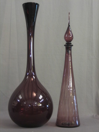 A 1960's purple glass tub shaped vase 28" and a do. decanter and stopper 26"