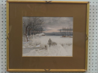 A Wilkes, Continental watercolour drawing "Snowy Landscape with Figure Riding Sheep" 8" x 11"