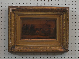 A 19th Century oil on "canvas" "The London Mail Coach" 4" x 7" contained in a gilt frame (heavily damaged by heat)