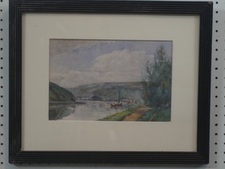 A Continental watercolour drawing "River Scene with Fishing Boat" 6" x 9 1/2" monogrammed EPE
