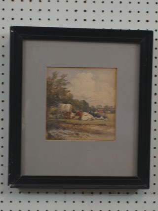 Watercolour drawing "Seated Cattle by a Pond" monogrammed T B 1862, 6" x 6"
