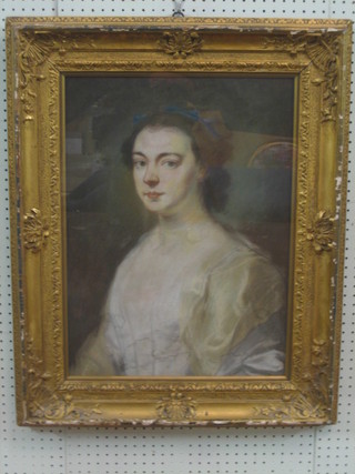 An 18th/19th Century head and shoulders watercolour portrait of a seated lady 23" x 17" (some water damage) contained in a gilt frame