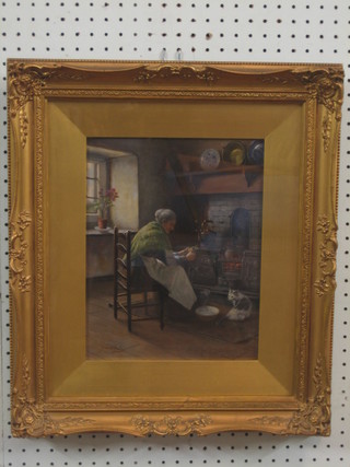 Claude Pratt, Victorian oil painting on card "Interior Kitchen Scene with Elderly Lady Peeling Potatoes by a Range with Seated Cat" 12" x 9", contained a gilt frame
