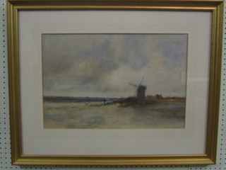 Leopold Rivers, watercolour drawing "Marsh Scene with Windmill and Figure Driving Sheep" 13" x 20"