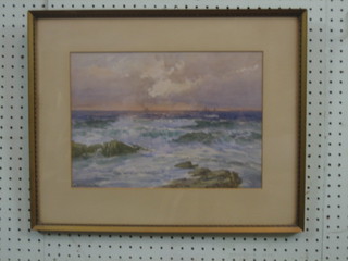 E Gouldsmith, watercolour drawing "Sea Scape with Heavy Sea and Sailing Ship in Distance" 10" x 14" signed and dated 1923