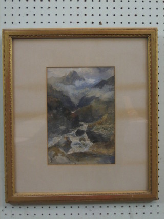 19th Century watercolour drawing "Mountain Torrent" 10" x 7" indistinctly signed