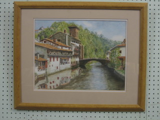 I M watercolour drawing "Continental River with Bridge, Building with Balcony" 11" x 15"