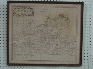 An 18th Century Robert Morden coloured map of Surrey (crease to centre) 15" x 18" (approx 1" border)
