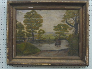 Oil painting on board "Country Scene Two Horses in a Field" 13" x 18" indistinctly signed