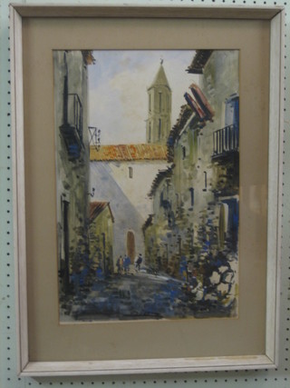 Diaz, Continental impressionist watercolour study "Street with Church" 19" x 13"