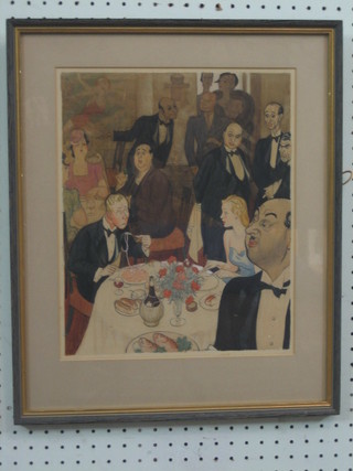 Illingworth, a 1930's watercolour "The Englishman in an Italian Restaurant" 13" x 11"