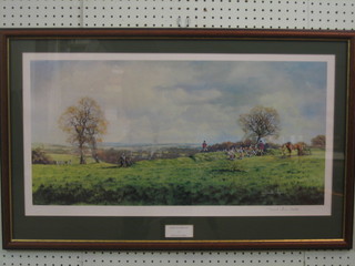 After Donald Ayres, a limited edition coloured hunting print 474/500 "Gone to Ground", signed 13" x 25"