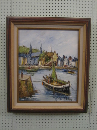 E Bellan, 20th Century oil painting on canvas "Harbour with Fishing Boat" 17" x 14"