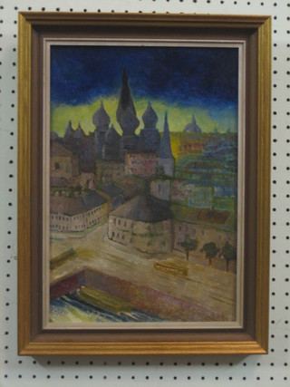 20th Century Russian School, oil painting on board "Domed Buildings" 14" x 10" signed