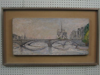 P Se Renick, impressionist oil on board "Notre Dame From the Seine" 11" x 24"