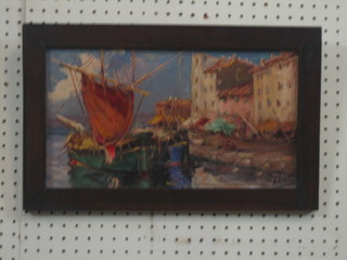 A Continental impressionist oil on board "Quay with Fishing Boats" 8" x 15"