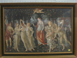 A reproduction coloured print "Medieaval Scene with Maidens Dancing etc" 20" x 31"