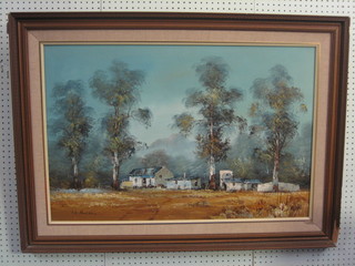 M Powell, 20th Century South African School, oil on board "Study of a Settlement" 33" x 35" (chip to bottom right hand corner of frame)