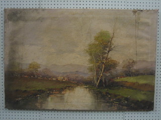 Petrin, Continental oil on canvas "River with Cow in Distance" 24" x 36" (unframed)