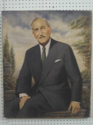 A 3/4 length portrait of a seated gentleman wearing a double breasted suit in park land 24" x 20" (unframed)