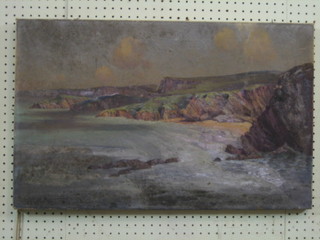 Oil on canvas "Cornish Sea Scape with Cliffs and Beach" 17" x 27" indistinctly signed (unframed)