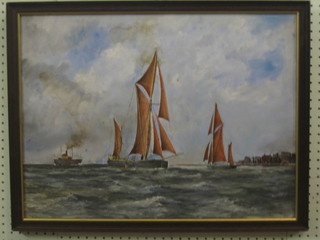 Simons, oil on board "Sea Scape with Steam Ship and Two Barges" 17" x 23"
