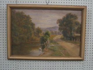 Watercolour drawing "Country Scene with Lane and River in Distance" monogrammed JHE 14" x 20"