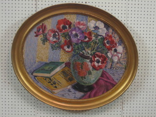 Oil on canvas, still life study "Vase of Poppies and Books" 19" oval