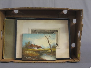 Miller, oil on canvas "Cottage" 8" x 10", 2 etchings after Preston Grib "A Bit of Old Brixan", together with a small folio of various prints