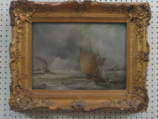 A 19th Century oil on board "Sailing Ship off Harbour" contained in a gilt frame, the reverse marked C A Mornewick, 9" x 13"