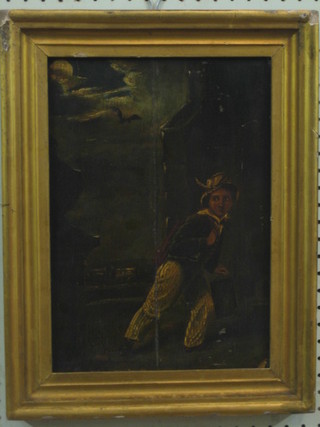 A 19th Century Continental oil on board "Moonlit Scene with Figure Walking by a Building and Bat" 13" x 9"