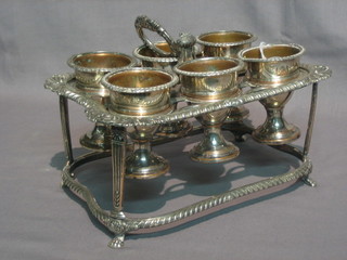 A Regency Sheffield plate 6 piece egg cruet and stand with armorial decoration (stand f)
