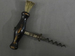 A 19th Century steel corkscrew with ebonised handle and brush 5"