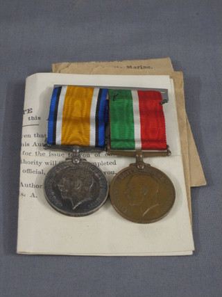 A pair British War medal and Mercantile Marine medal  to John P Avenell together with a certificate of authority to wear and original paper envelope for dispatch of medals