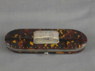 A handsome 18th/19th Century oval tortoiseshell and silver mounted spectacle case, the lid decorated playing cards 5"