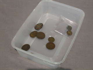 An early hammered copper coin, 2 early English hammered copper coins and 6 tokens