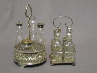 A circular silver plated cruet frame complete with 4 bottles and a square ditto