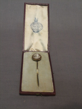 A Victorian carved shell cameo stick pin, in a fitted leather case