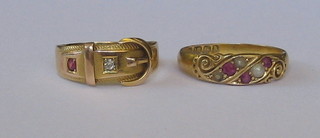 An 18ct gold buckle ring set a diamond and garnet together with an 18ct gold dress ring set pearls and a garnet