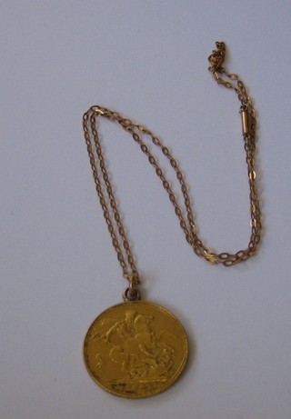 A Victorian 1897 sovereign mounted as a pendant hung on a fine gold chain