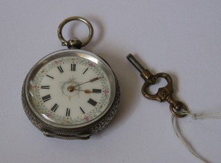 A lady's Continental open faced pocket watch contained in a silver case
