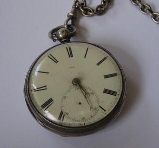 A 19th Century open faced pocket watch by John Huntley of Barnsley contained in a silver case, hung on a silver chain