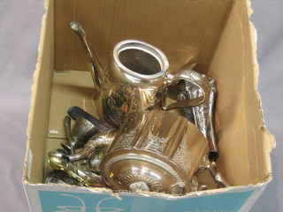A Britannia metal teapot, do. coffee pot (f) and vase and a small collection of plated flatware