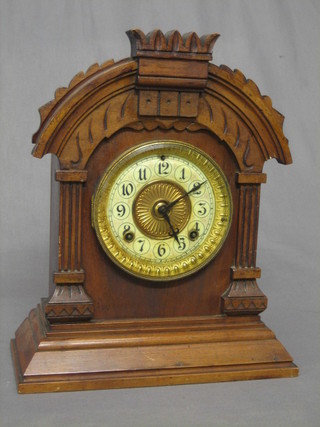 An American 8 day striking mantel clock with "porcelain" dial and Arabic numerals contained in a carved, arch shaped leather case