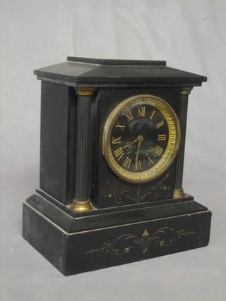 A 19th Century French 8 day striking mantel clock contained in a marble architectural case, the dial with Roman numerals
