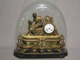 A 19th Century French 8 day striking mantel clock with painted dial and Roman numerals, contained in an alabaster and gilt spelter case in the form of a seated scholar, raised on an oval ebony base, complete with glass dome